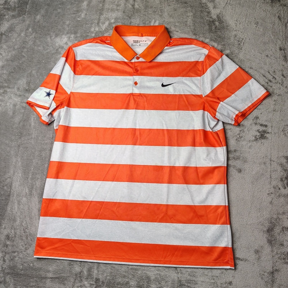 Nike Polo Shirt Mens XL Orange‎ White Striped Dri-FIT Dallas Cowboys Star Logo